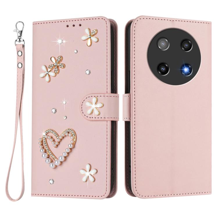 For Coolpad C16 ZS01 Double-Layer Heart Floral Vegan Leather Phone Case with Wrist Strap