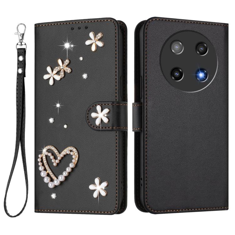 For Coolpad C16 ZS01 Double-Layer Heart Floral Vegan Leather Phone Case with Wrist Strap