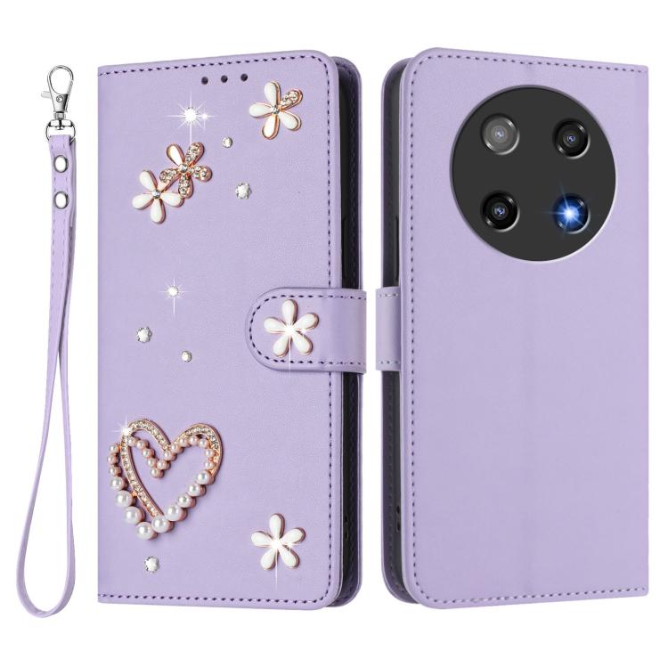 For Coolpad C16 ZS01 Double-Layer Heart Floral Vegan Leather Phone Case with Wrist Strap
