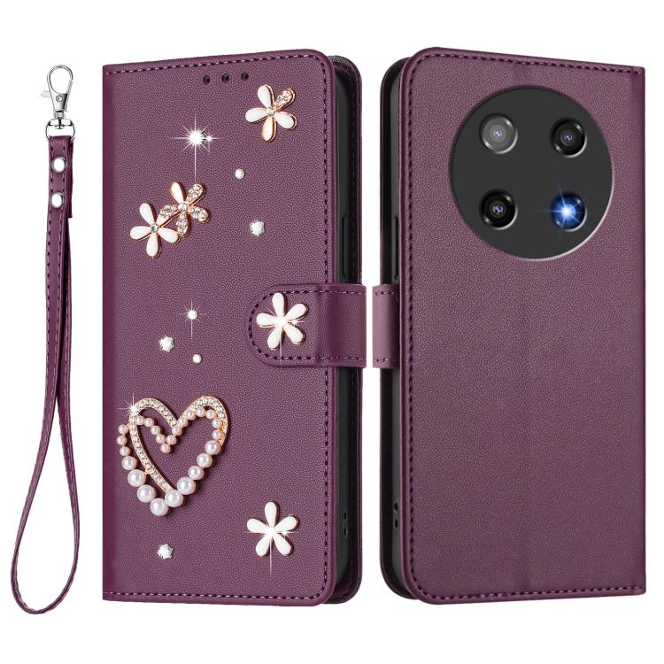 For Coolpad C16 ZS01 Double-Layer Heart Floral Vegan Leather Phone Case with Wrist Strap