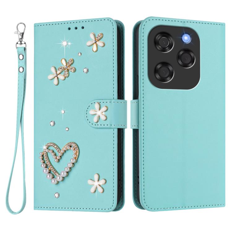 For Coolpad X100 ZS01 Double-Layer Heart Floral Vegan Leather Phone Case with Wrist Strap