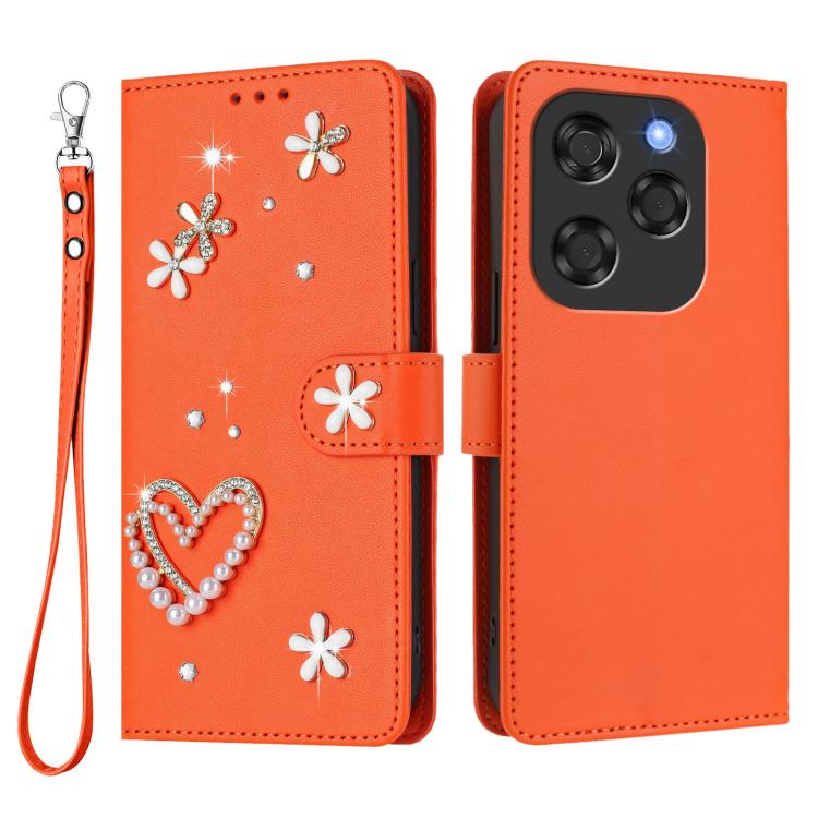 For Coolpad X100 ZS01 Double-Layer Heart Floral Vegan Leather Phone Case with Wrist Strap