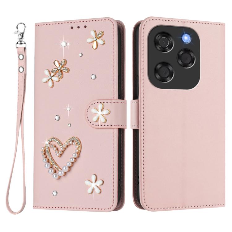 For Coolpad X100 ZS01 Double-Layer Heart Floral Vegan Leather Phone Case with Wrist Strap