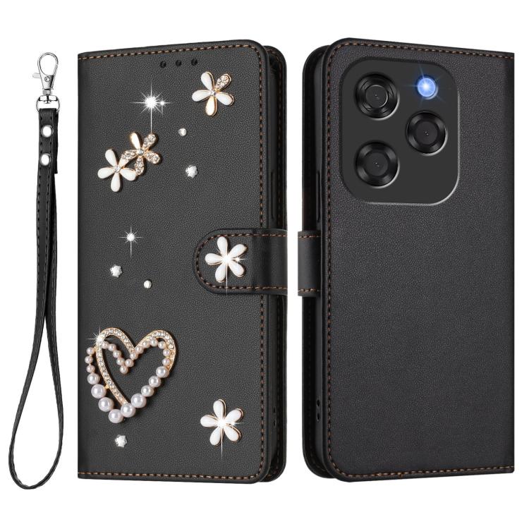 For Coolpad X100 ZS01 Double-Layer Heart Floral Vegan Leather Phone Case with Wrist Strap