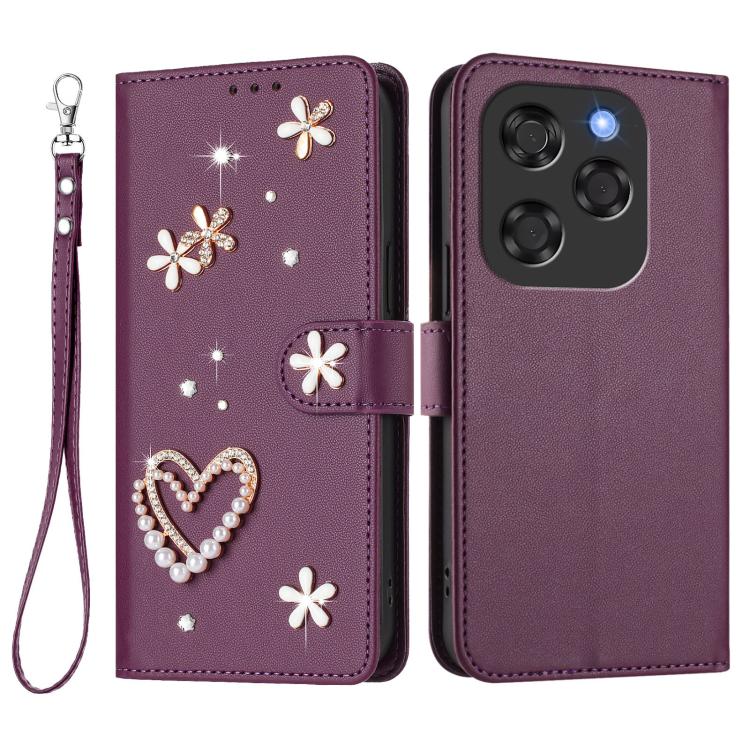 For Coolpad X100 ZS01 Double-Layer Heart Floral Vegan Leather Phone Case with Wrist Strap