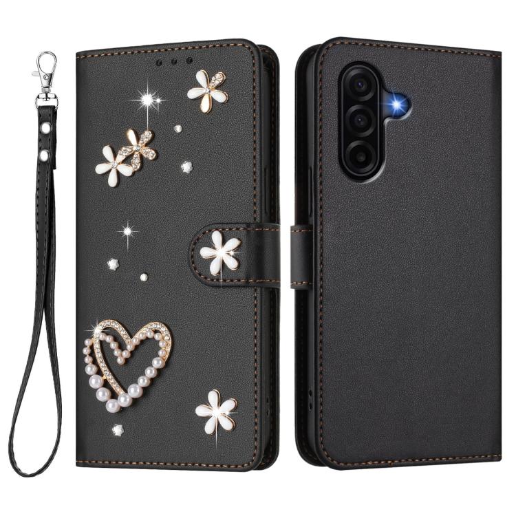 For Samsung Galaxy A57 5G ZS01 Double-Layer Heart Floral Vegan Leather Phone Case with Wrist Strap