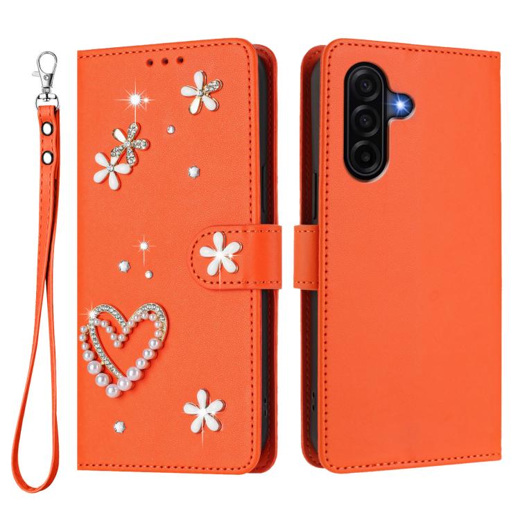 For Samsung Galaxy A37 5G ZS01 Double-Layer Heart Floral Vegan Leather Phone Case with Wrist Strap
