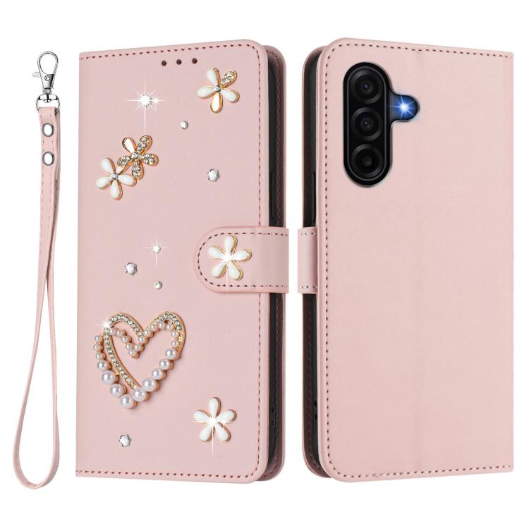 For Samsung Galaxy A37 5G ZS01 Double-Layer Heart Floral Vegan Leather Phone Case with Wrist Strap