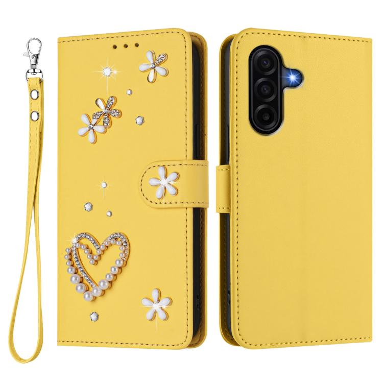 For Samsung Galaxy A37 5G ZS01 Double-Layer Heart Floral Vegan Leather Phone Case with Wrist Strap