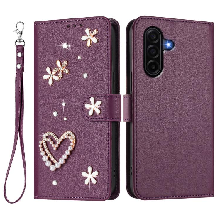For Samsung Galaxy A37 5G ZS01 Double-Layer Heart Floral Vegan Leather Phone Case with Wrist Strap