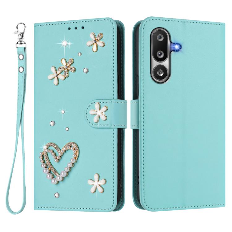 For Samsung Galaxy M36 5G ZS01 Double-Layer Heart Floral Vegan Leather Phone Case with Wrist Strap