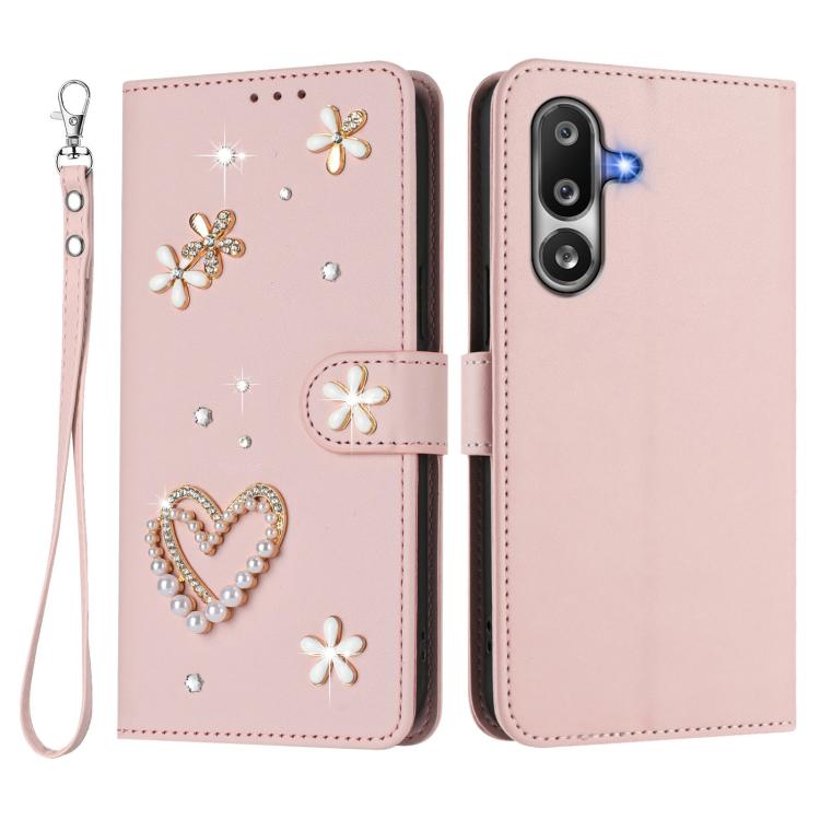 For Samsung Galaxy M36 5G ZS01 Double-Layer Heart Floral Vegan Leather Phone Case with Wrist Strap