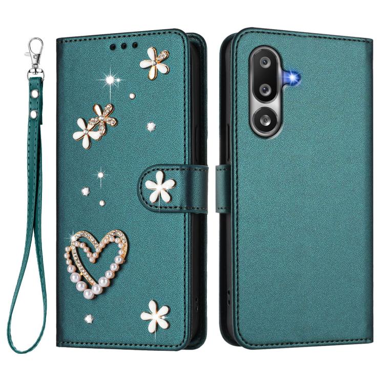 For Samsung Galaxy M36 5G ZS01 Double-Layer Heart Floral Vegan Leather Phone Case with Wrist Strap
