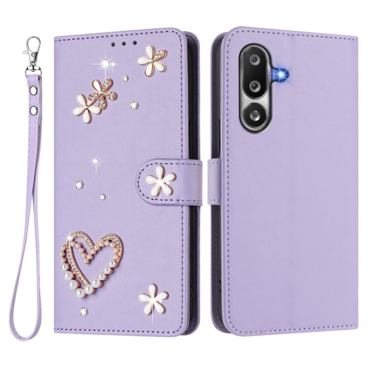 For Samsung Galaxy M36 5G ZS01 Double-Layer Heart Floral Vegan Leather Phone Case with Wrist Strap