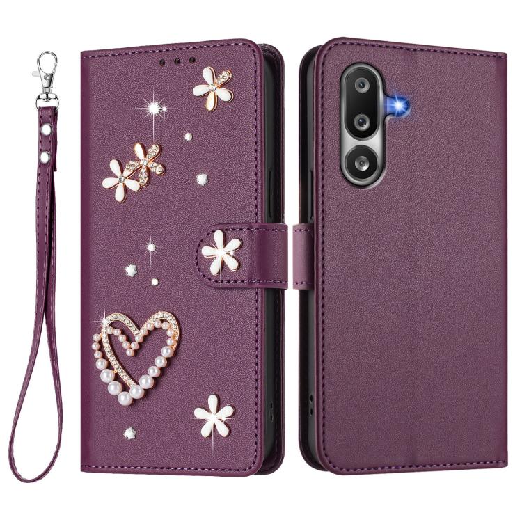 For Samsung Galaxy M36 5G ZS01 Double-Layer Heart Floral Vegan Leather Phone Case with Wrist Strap