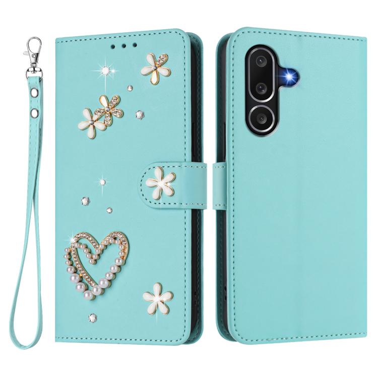 For Samsung Galaxy M56 5G ZS01 Double-Layer Heart Floral Vegan Leather Phone Case with Wrist Strap