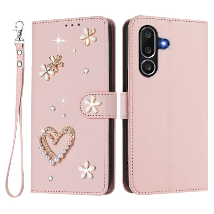 For Samsung Galaxy M56 5G ZS01 Double-Layer Heart Floral Vegan Leather Phone Case with Wrist Strap