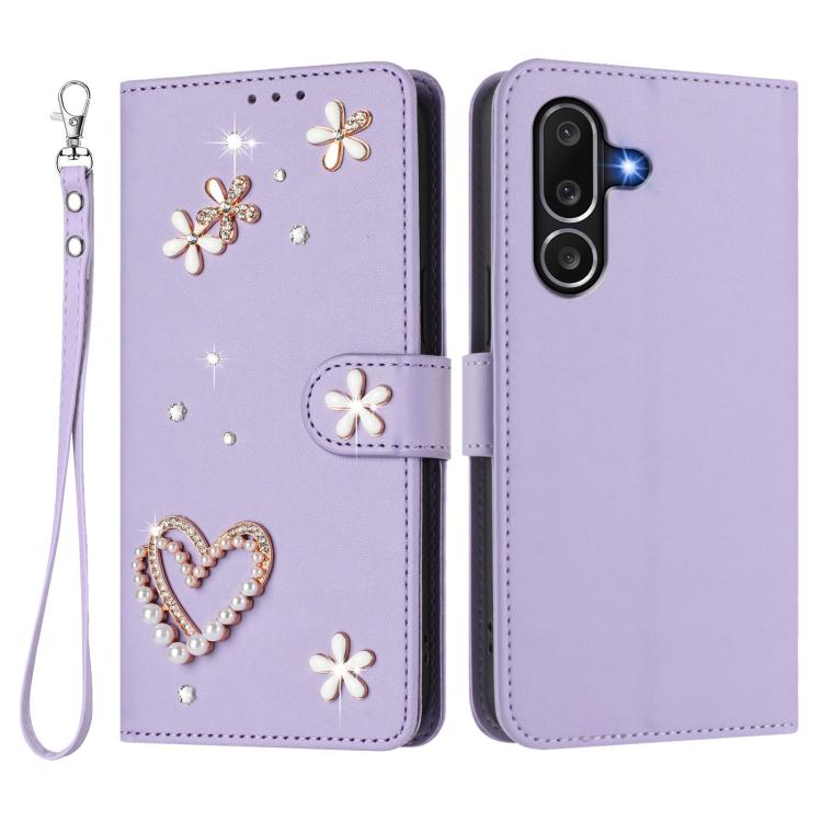For Samsung Galaxy M56 5G ZS01 Double-Layer Heart Floral Vegan Leather Phone Case with Wrist Strap