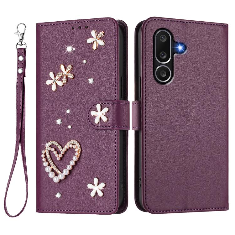 For Samsung Galaxy M56 5G ZS01 Double-Layer Heart Floral Vegan Leather Phone Case with Wrist Strap