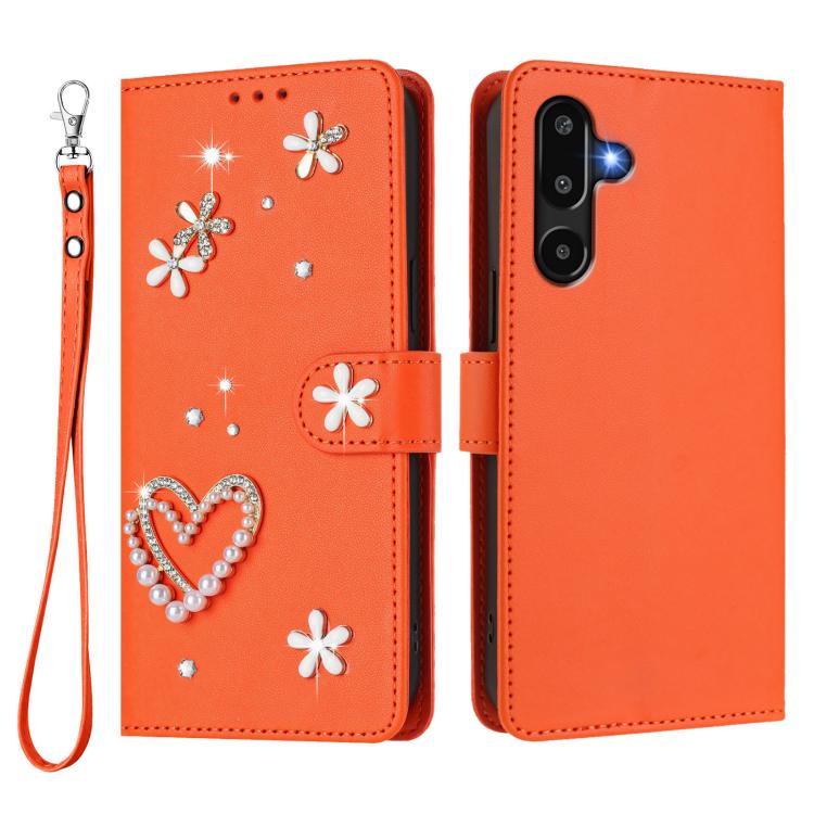 For Samsung Galaxy F16 5G / M16 5G ZS01 Double-Layer Heart Floral Vegan Leather Phone Case with Wrist Strap