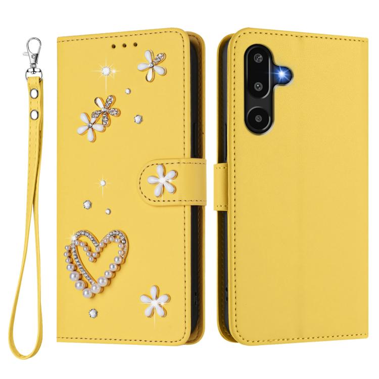 For Samsung Galaxy F16 5G / M16 5G ZS01 Double-Layer Heart Floral Vegan Leather Phone Case with Wrist Strap