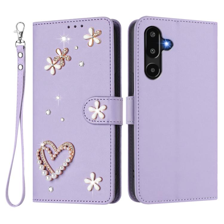 For Samsung Galaxy F16 5G / M16 5G ZS01 Double-Layer Heart Floral Vegan Leather Phone Case with Wrist Strap