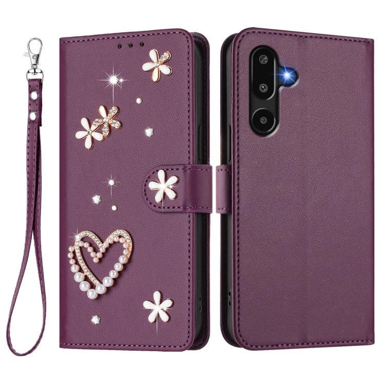 For Samsung Galaxy F16 5G / M16 5G ZS01 Double-Layer Heart Floral Vegan Leather Phone Case with Wrist Strap