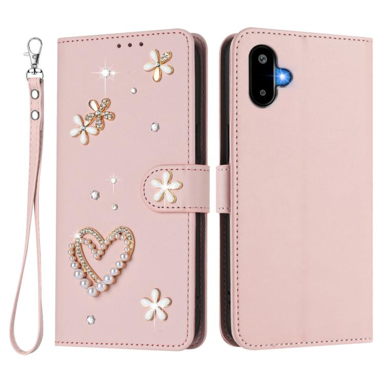 For Samsung Galaxy F06 5G / M06 5G ZS01 Double-Layer Heart Floral Vegan Leather Phone Case with Wrist Strap