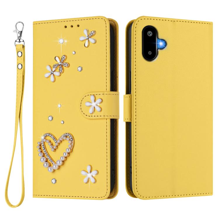 For Samsung Galaxy F06 5G / M06 5G ZS01 Double-Layer Heart Floral Vegan Leather Phone Case with Wrist Strap