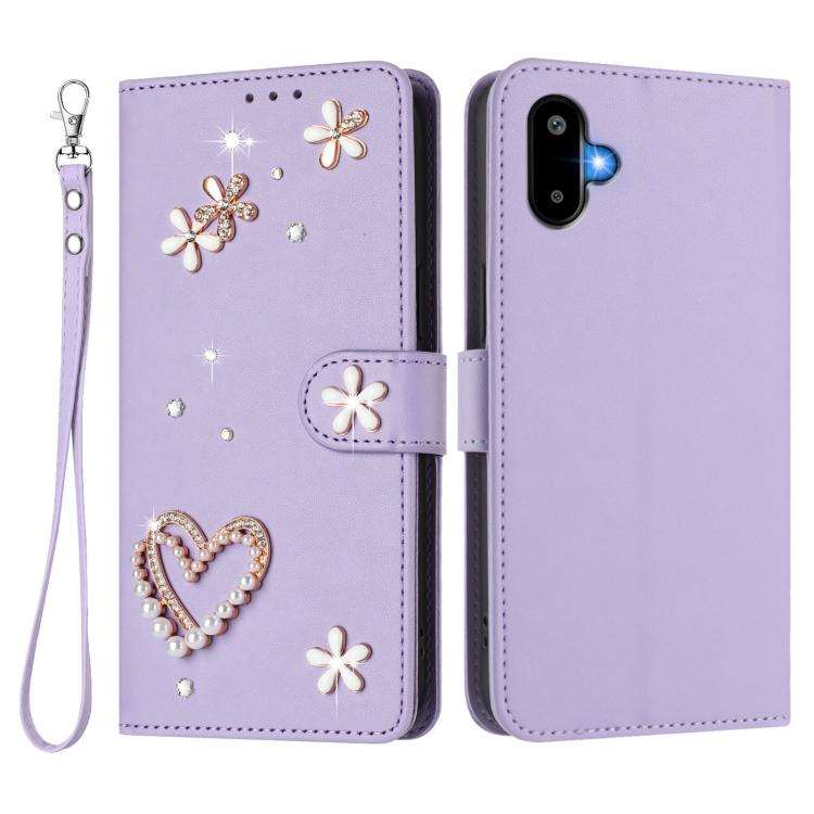 For Samsung Galaxy F06 5G / M06 5G ZS01 Double-Layer Heart Floral Vegan Leather Phone Case with Wrist Strap