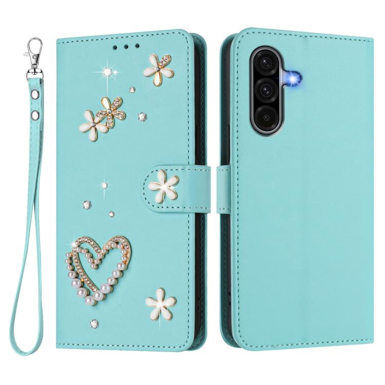 For Samsung Galaxy A56 5G / A36 5G ZS01 Double-Layer Heart Floral Vegan Leather Phone Case with Wrist Strap