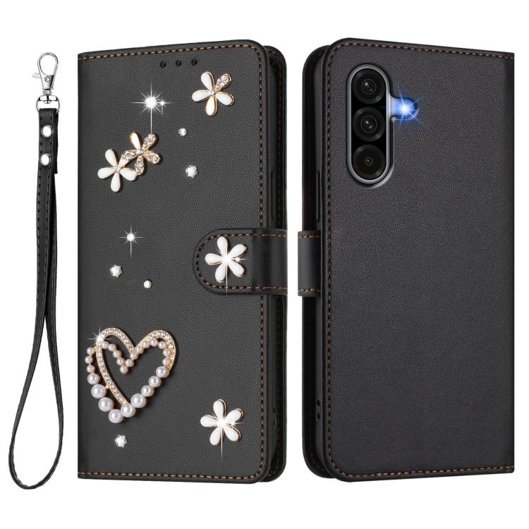 For Samsung Galaxy A56 5G / A36 5G ZS01 Double-Layer Heart Floral Vegan Leather Phone Case with Wrist Strap