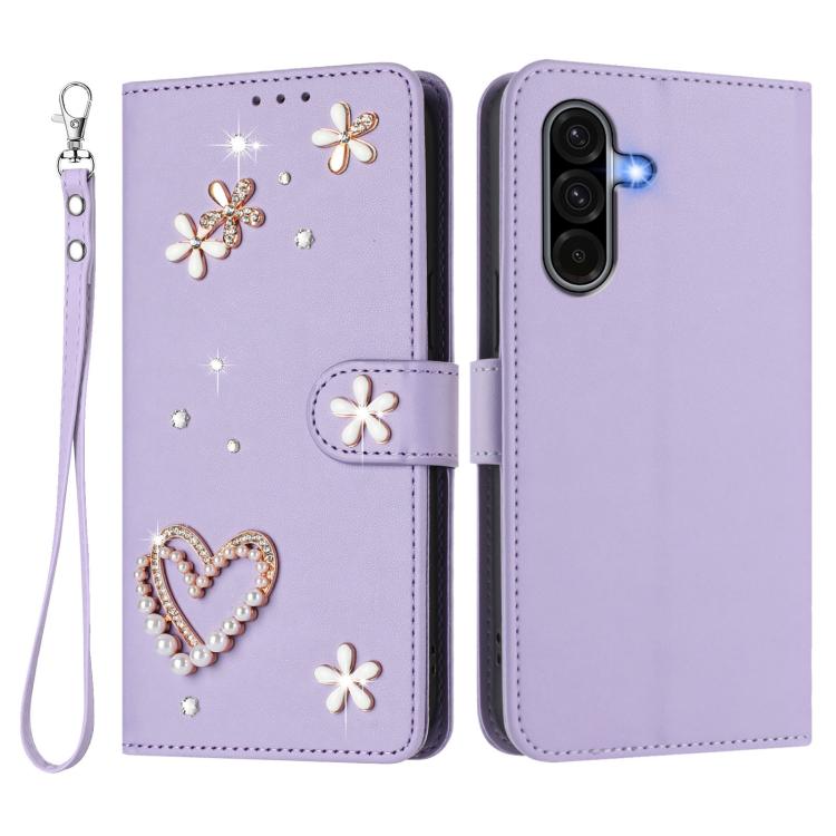 For Samsung Galaxy A56 5G / A36 5G ZS01 Double-Layer Heart Floral Vegan Leather Phone Case with Wrist Strap