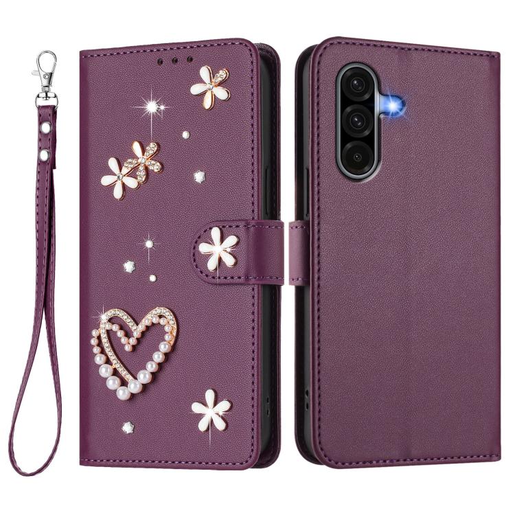 For Samsung Galaxy A56 5G / A36 5G ZS01 Double-Layer Heart Floral Vegan Leather Phone Case with Wrist Strap