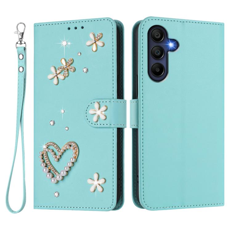 For Samsung Galaxy A26 5G ZS01 Double-Layer Heart Floral Vegan Leather Phone Case with Wrist Strap