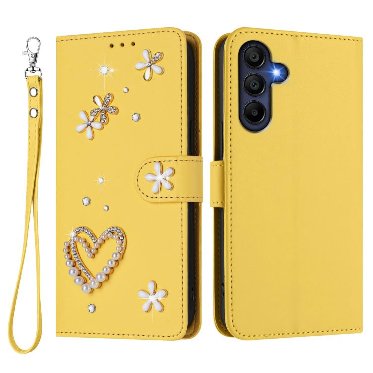 For Samsung Galaxy A26 5G ZS01 Double-Layer Heart Floral Vegan Leather Phone Case with Wrist Strap