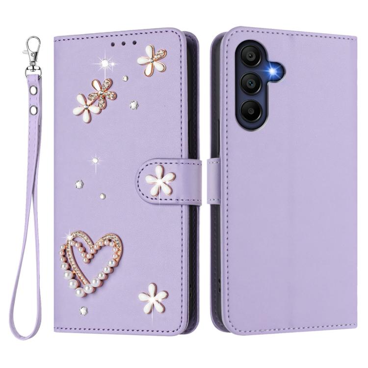 For Samsung Galaxy A26 5G ZS01 Double-Layer Heart Floral Vegan Leather Phone Case with Wrist Strap
