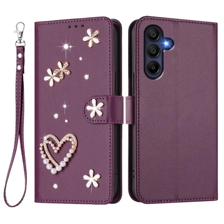 For Samsung Galaxy A26 5G ZS01 Double-Layer Heart Floral Vegan Leather Phone Case with Wrist Strap