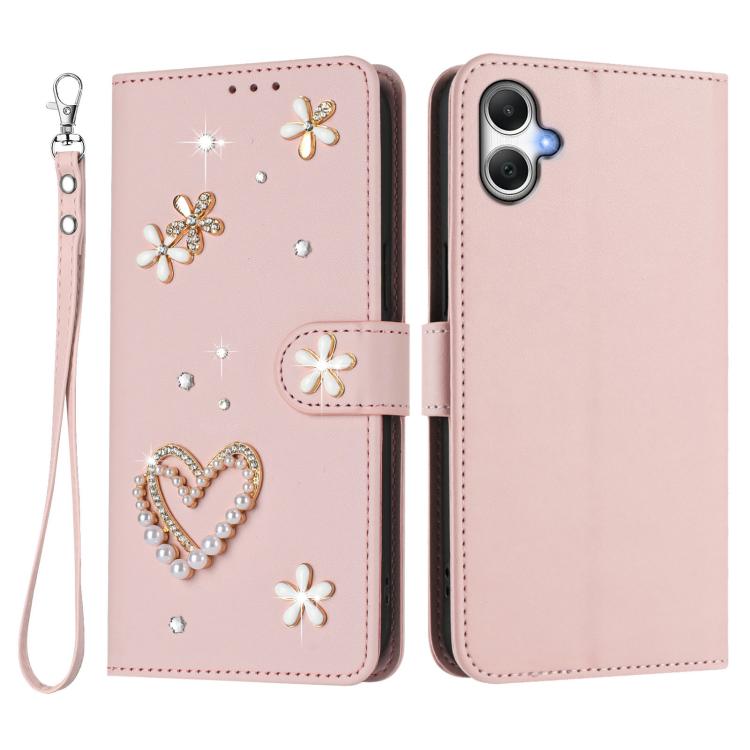 For Samsung Galaxy A05 / M05 / F05 4G ZS01 Double-Layer Heart Floral Vegan Leather Phone Case with Wrist Strap