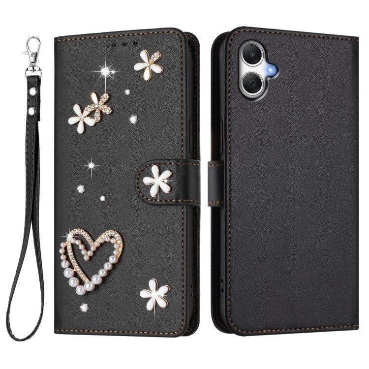 For Samsung Galaxy A05 / M05 / F05 4G ZS01 Double-Layer Heart Floral Vegan Leather Phone Case with Wrist Strap