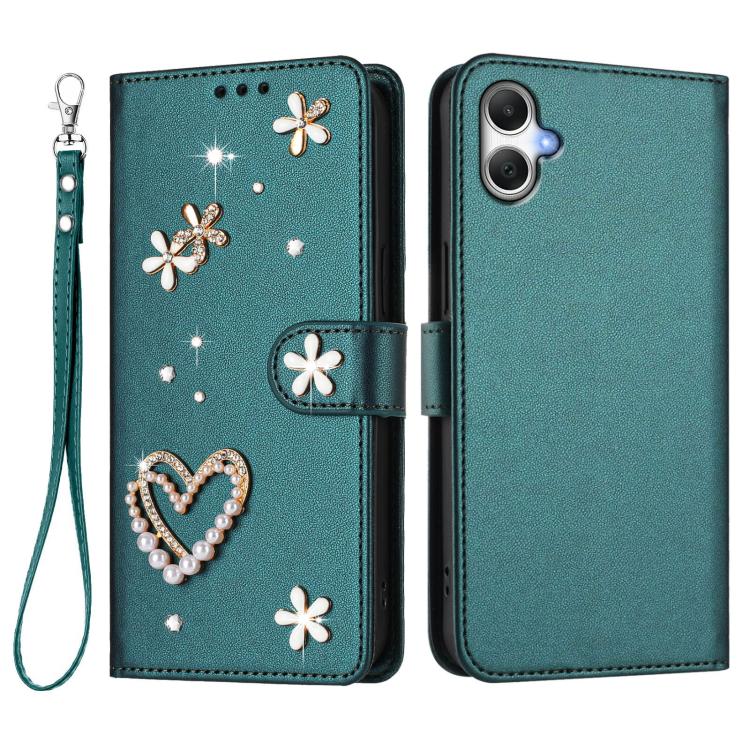 For Samsung Galaxy A05 / M05 / F05 4G ZS01 Double-Layer Heart Floral Vegan Leather Phone Case with Wrist Strap