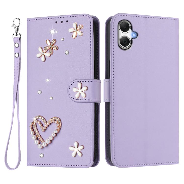 For Samsung Galaxy A05 / M05 / F05 4G ZS01 Double-Layer Heart Floral Vegan Leather Phone Case with Wrist Strap