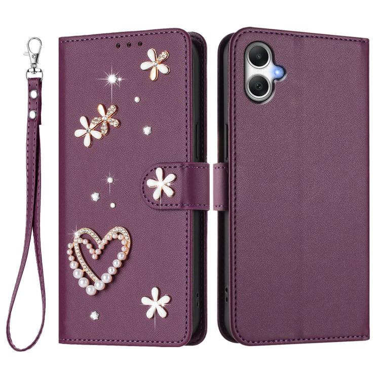 For Samsung Galaxy A05 / M05 / F05 4G ZS01 Double-Layer Heart Floral Vegan Leather Phone Case with Wrist Strap