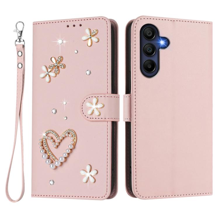 For Samsung Galaxy A16 5G / 4G ZS01 Double-Layer Heart Floral Vegan Leather Phone Case with Wrist Strap