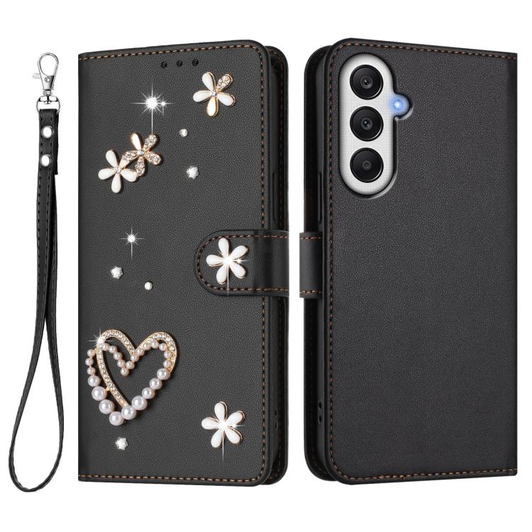 For Samsung Galaxy A05s 4G / F14 4G ZS01 Double-Layer Heart Floral Vegan Leather Phone Case with Wrist Strap