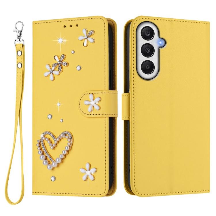 For Samsung Galaxy A05s 4G / F14 4G ZS01 Double-Layer Heart Floral Vegan Leather Phone Case with Wrist Strap