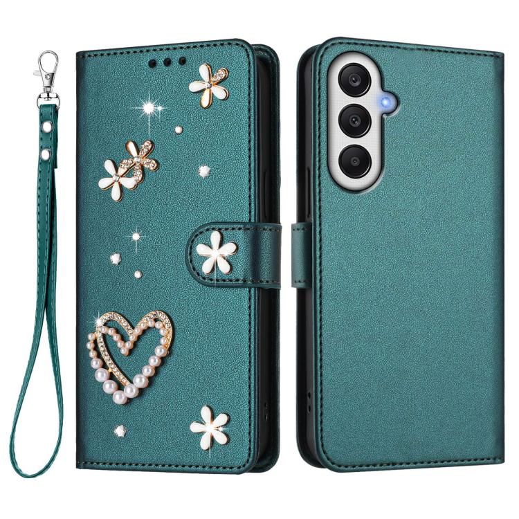 For Samsung Galaxy A05s 4G / F14 4G ZS01 Double-Layer Heart Floral Vegan Leather Phone Case with Wrist Strap