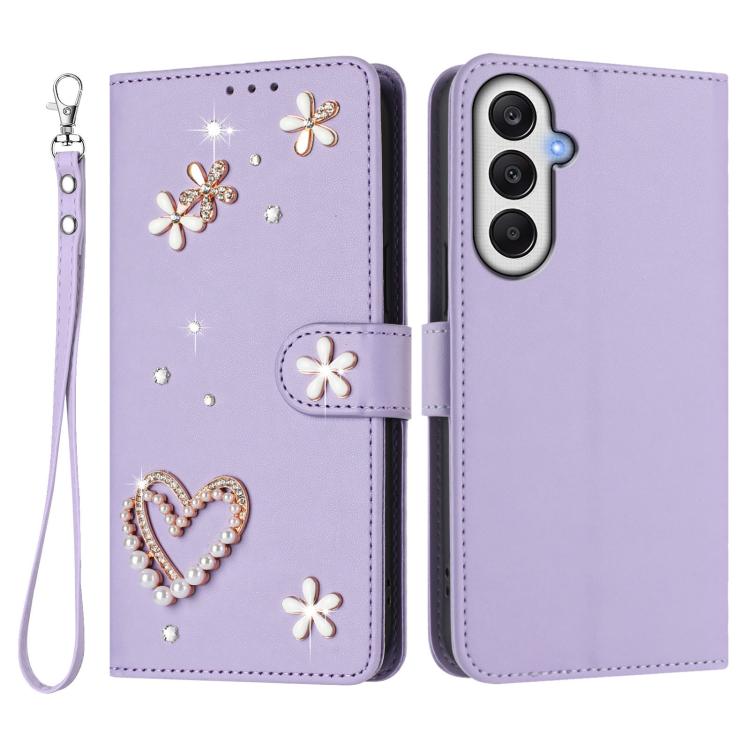 For Samsung Galaxy A05s 4G / F14 4G ZS01 Double-Layer Heart Floral Vegan Leather Phone Case with Wrist Strap