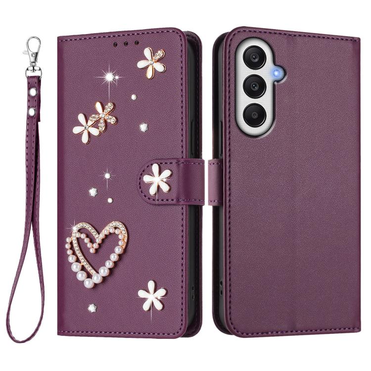 For Samsung Galaxy A05s 4G / F14 4G ZS01 Double-Layer Heart Floral Vegan Leather Phone Case with Wrist Strap