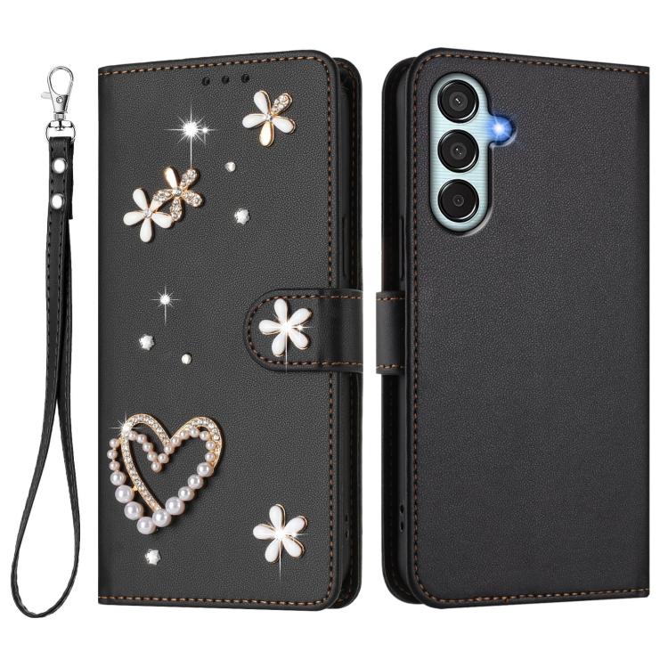 For Samsung Galaxy M35 5G ZS01 Double-Layer Heart Floral Vegan Leather Phone Case with Wrist Strap